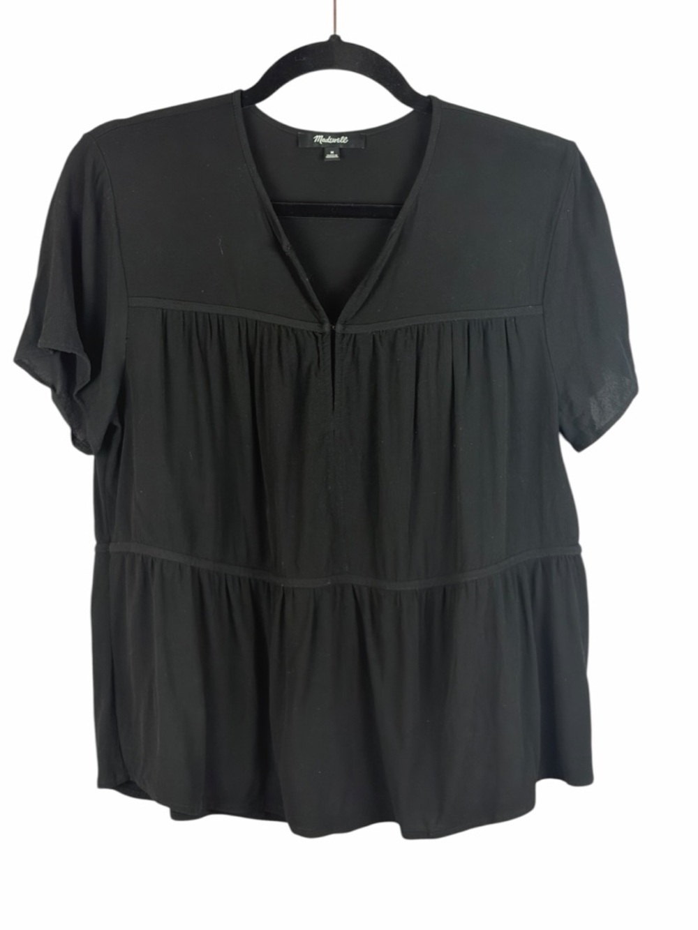 Madewell Black V-Neck Tiered Blouse Medium Short Sleeve Viscose Top